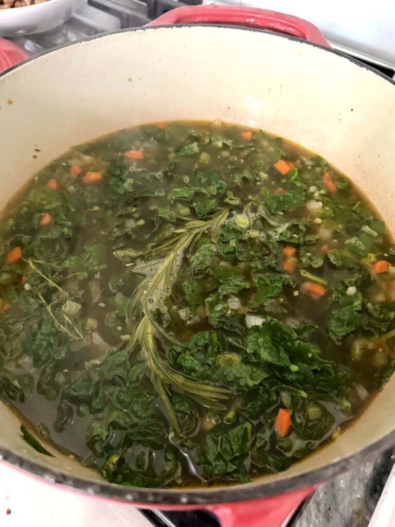 Simmering the soup mixture.