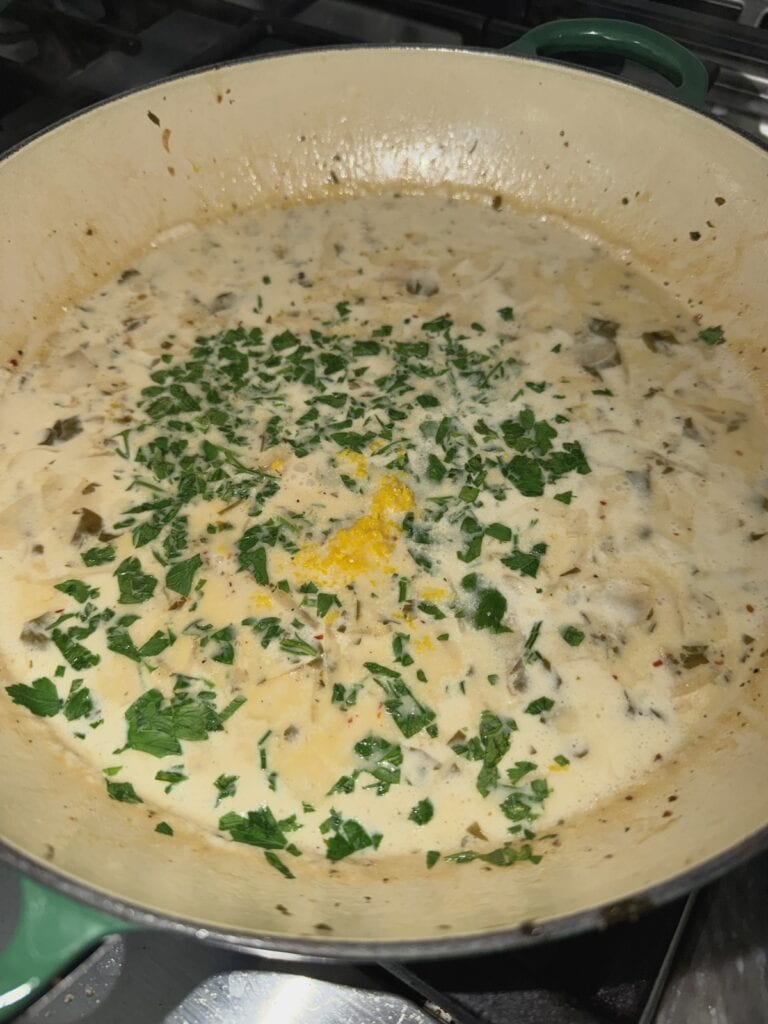 The white wine sauce simmering.