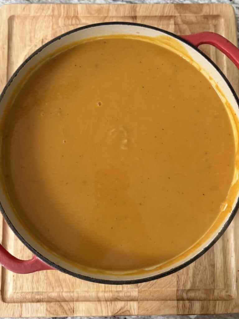 Overhead view of finished roasted butternut squash soup with apples and fennel.