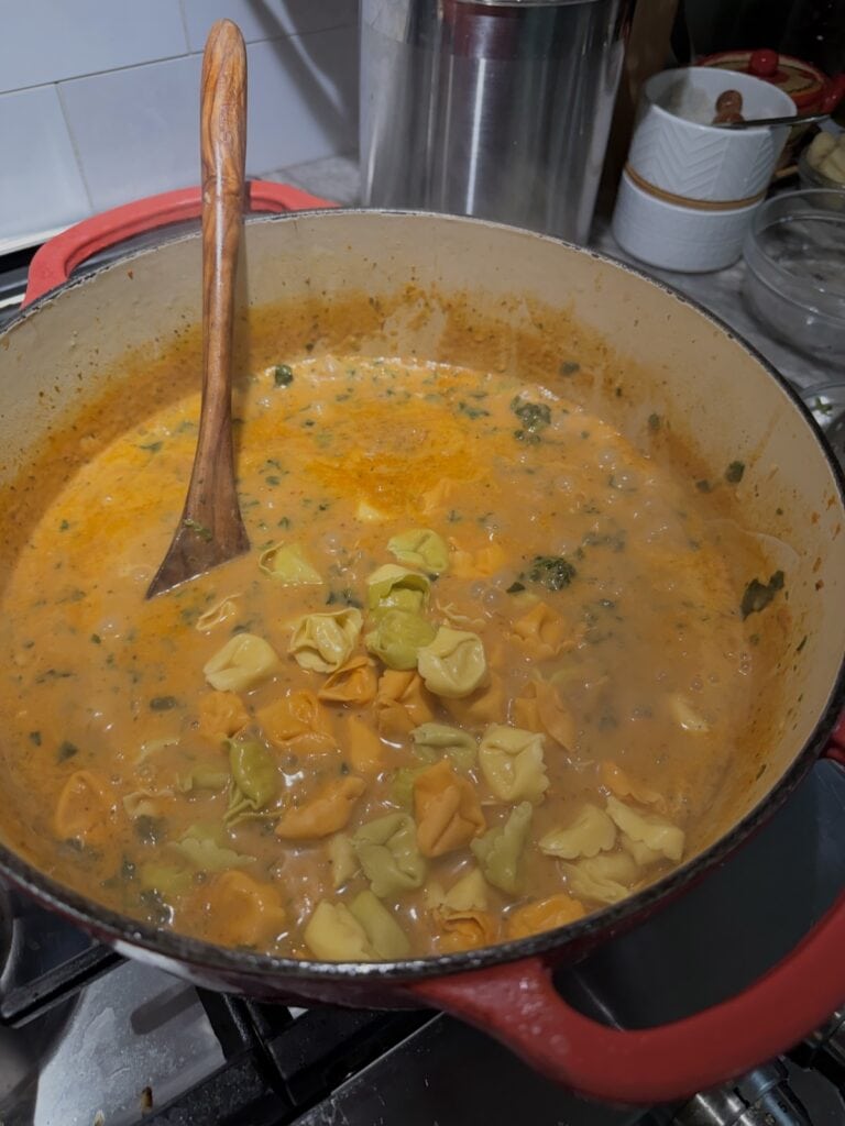 Cheese tortellini just added to pot.