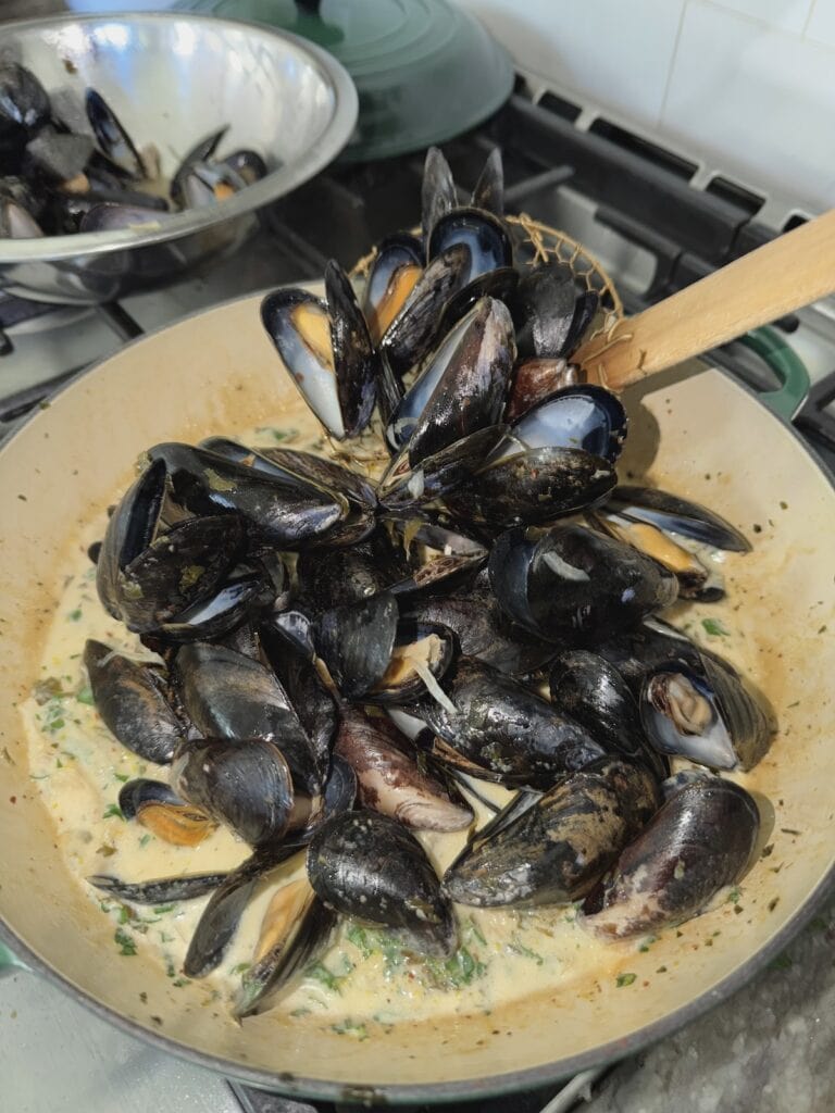 Adding cooked mussels back to sauce.