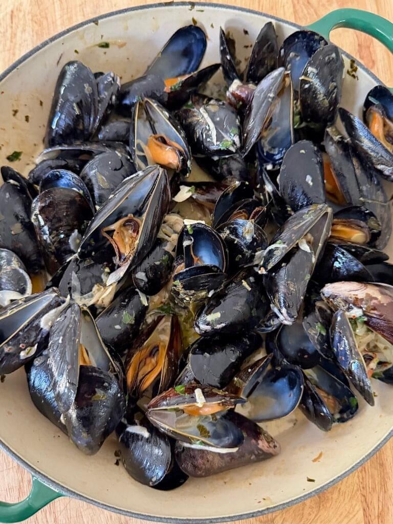 Finished Mussels in White Wine Sauce - overhead view. 