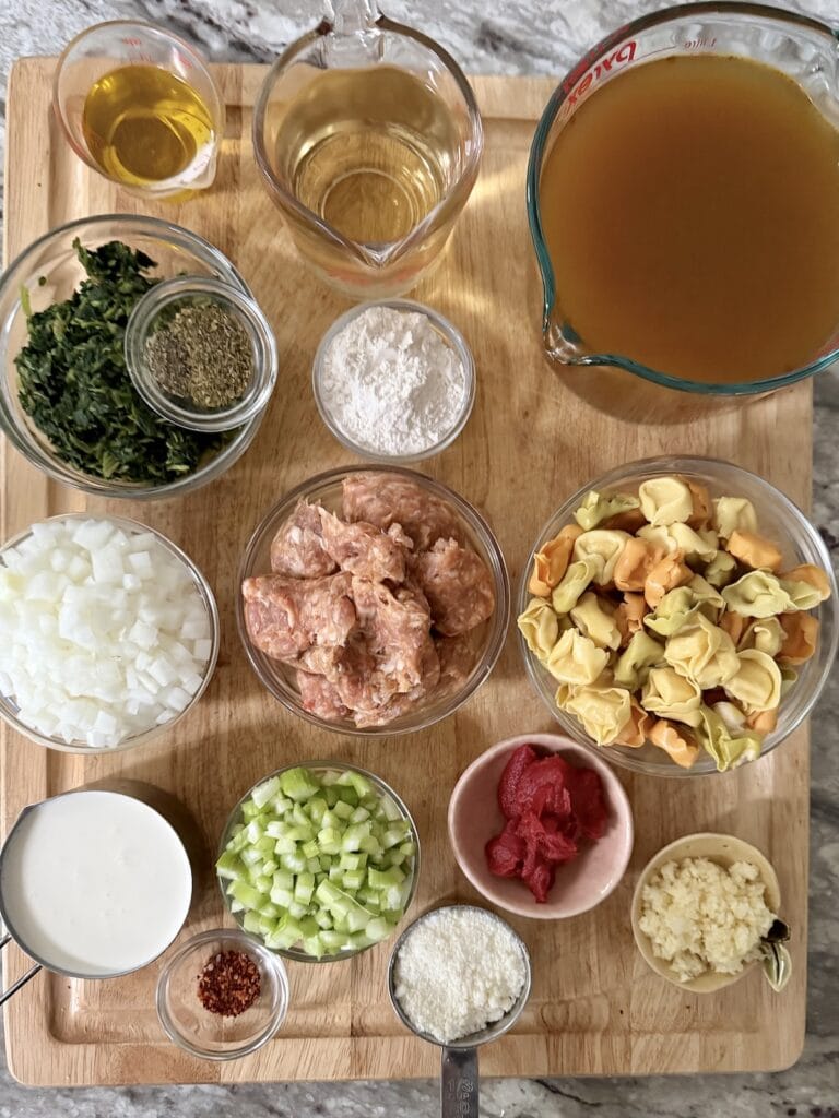 All prepped recipe ingredients on cutting board.
