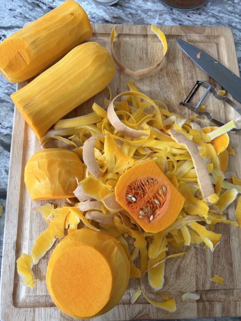 Prepping butternut squash.