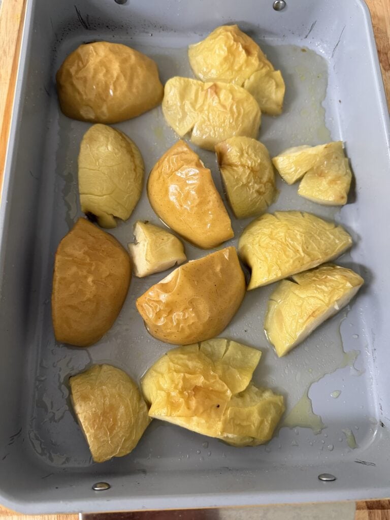 Roasted apple quarters.